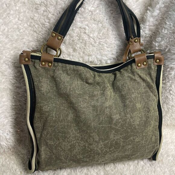 Uddini  grey distressed canvas large tote with brown faux leather trims - Picture 7 of 14